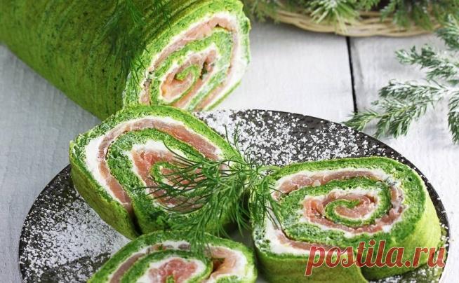 Рулет с лососем, шпинатом и сливочным сыром Очень красивая и вкусная праздничная закуска, которую приготовить несложно. Подойдет любая рыба - семга, форель, лосось - ФОКУС ВНИМАНИЯ