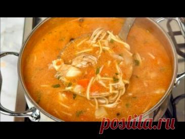 Этот Польский Суп я могу есть хоть каждый день! Невероятно Вкусно Рецепт:Куриное мясо (1 окорок )-400 гКорень петрушки-1 штКорень сельдерея-1/4 шт (100 г)Лук-1 штМорковь-2 штЛавровый лист-1-2 штПерец душистый и перец горошком- по 3 штТоматы перетертые - 500 млСметана- 100 гМакароны- 70 гСоль и сахар по вкусу Зелень петрушки Куриный окорочок, лук,...
