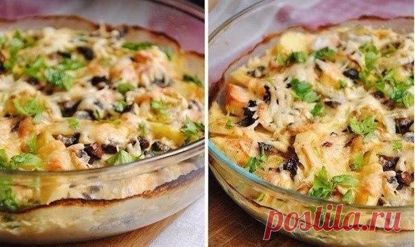 Картофельный гратен с курицей и грибами
