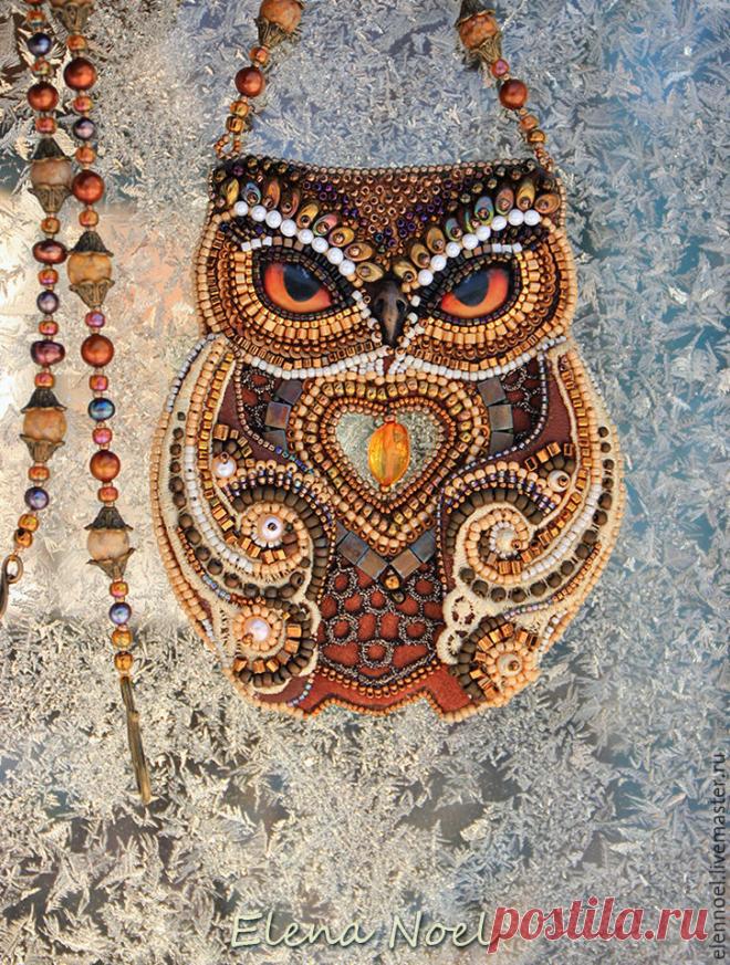 Купить Совушка и зима Коричневая Сова вышитая бисером с янтарем - сова, вышитая сова, совушка