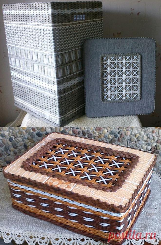 Плетение из газет. Мастер-класс на крышку с цветным узором из трубочек.