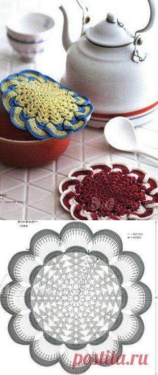 Двухцветная прихватка с объемным краем крючком.
источник: http://woman7.ru/rukol/dla-doma-svoimi-rukami/1487-va..