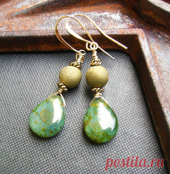 Earthy Glass & Druzy Earrings, Unique Rustic Green Czech Glass Teardrop and Gold Stone Dangles, Long and Elegant Boho Drops, Gift for Women These fabulous dangle earrings feature a pair of magnificent teardrop or pear shaped Czech glass beads. They are a luscious forest green with an amber metallic luster finish - a stunning color. Each bead is unique. Ive paired them with earthy gold druzy stones for a rustic modern vibe.