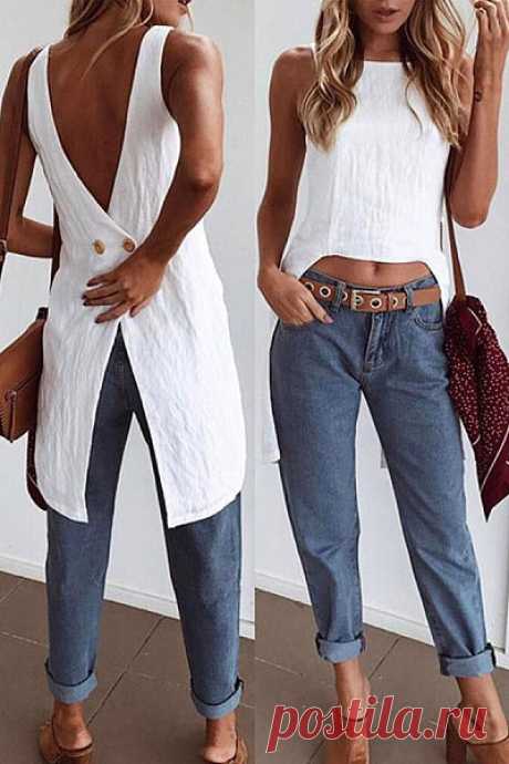 Round Neck Asymmetric Hem Backless Plain Vests – Bellalike