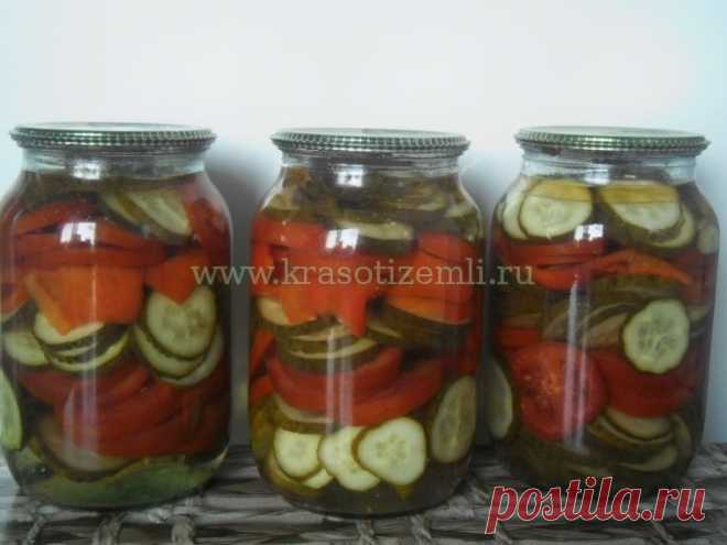 Консервированный салат из огурцов, помидоров и сладкого перца на зиму