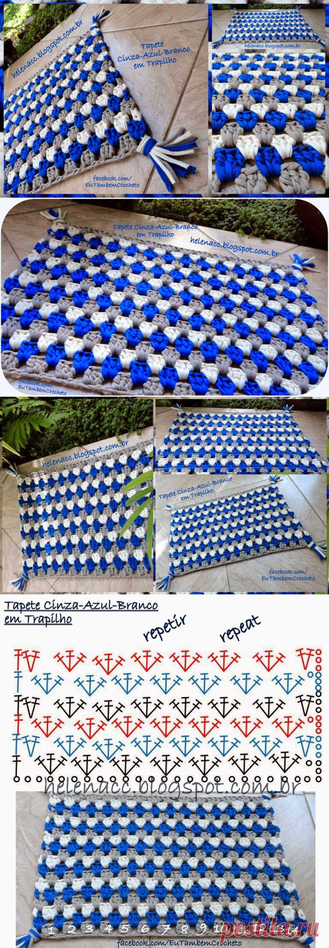 EU TAMBÉM CROCHETO...: Tapete Cinza-Azul-Branco em Trapilho