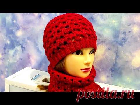 ШАПОЧКА НА ВЕСНУ крючком.  КОМПЛЕКТ ШАПОЧКА И ШАРФИК ДЛЯ НАЧИНАЮЩИХ.