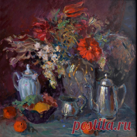 С букетом и кофейниками 
Оргалит, акрил, масло. 50х50 см. 2021 год.
Автор Татьяна Паола