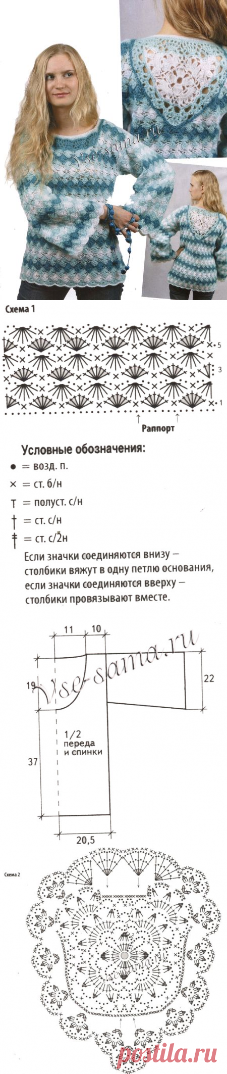 Пуловер с ажурной вставкой на спинке. Описание, схема и выкройка