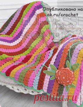 Разноцветный плед из ленточного кружева крючком.
Автор: Светлана Бондарева.
Вам потребуется:
Пряжа «Нарцисс» по 100-200 г фиолетовой, салатной, зеленой, оливковой, горчичной, сиреневой, голубой, терракотовой, коричневой, красной, бледно- и ярко-розовой, персиковой, мятной пряжи (100% мерсеризованный хлопок, 100 г/ 395 м, цвета 1710, 4706, 3910, 4404, 4702, 1702, 3002, 1608, 1614, 0904, 1002,1104, 0802, 3904); 
крючок № 2. 
Ленточное кружево по схеме 1, шнур «Гусеница» , листья по схемам 2 и 3