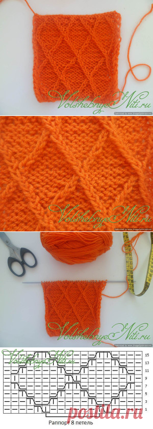 Узор спицами "Ромбы из скрещенных петель". Схема и описание.