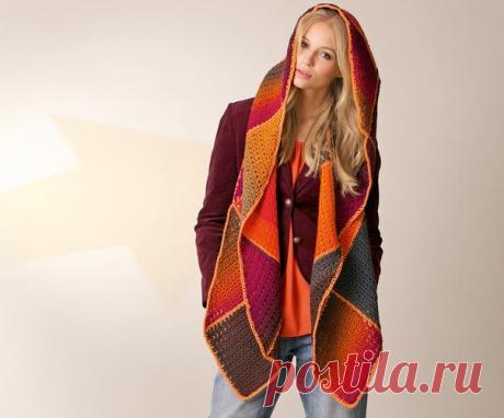 Капюшон в стиле пэчворк
Капюшон с широким шарфом, собранный из треугольных и квадратных мотивов, станет необычной альтернативой комплекту из шапки и шарфа или широкому снуду.

Журнал «Вязание. Мое любимое хобби» № 8/2015

РАЗМЕРЫ
Ширина – 29/43,5 см; длина – 203 см.

ВАМ ПОТРЕБУЕТСЯ
Пряжа 1 (100% натуральной шерсти; 260 м/100 г) – 300 г коричневой секционного крашения и 200 г оранжевой секционного крашения;
пряжа 2 (100% натуральной шерсти; 100 м/50 г) – 100 г цв. папайи; ...