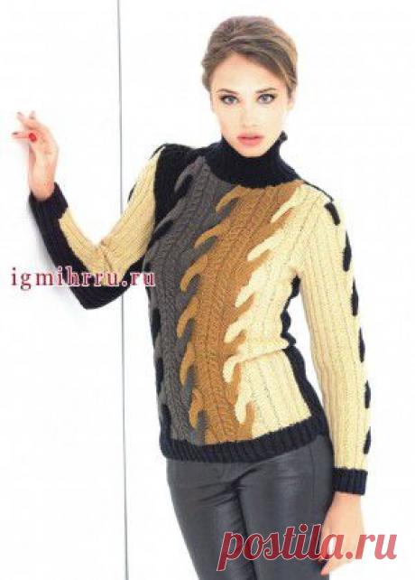 Эффектный четырехцветный пуловер с косами