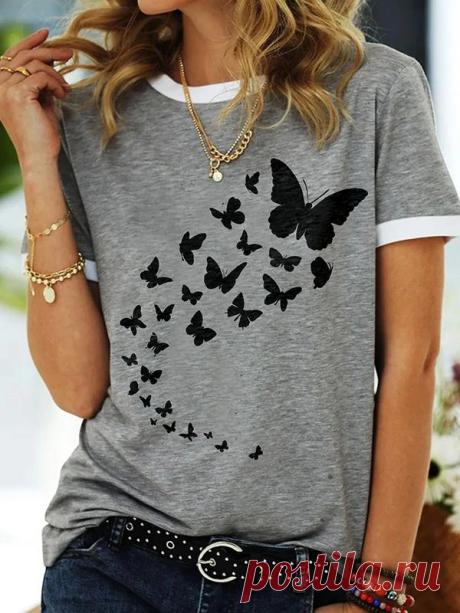 Butterfly printed round neck women summer gray T-shirts - Cicicloth