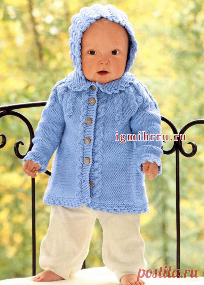 Теплый серо-голубой жакет и чепчик для малышки. Спицы