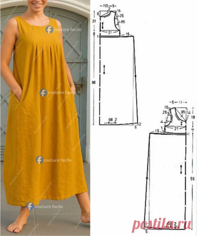 Couture Facile - 🟡 Robe Midi à Plis Devant et Poches – Sans Manches ✂️ Matériaux nécessaires : Tissu fluide type lin ou viscose – 2,5 m à 3 m (selon la taille) Fil assorti Optionnel : biais pour les finitions d'encolure et d’emmanchures Machine à coudre, épingles, ciseaux, craie, fer à repasser 📏 Tailles : Le patron est ajustable. Voici les mesures du modèle présenté : Longueur totale : 96 cm Carrure dos : 36 cm Hauteur d’emmanchure : 21 cm Largeur bas devant : ≈ 68 cm C...