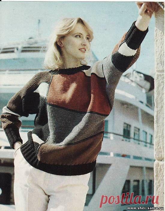 23) Пуловер из цветных лоскутов/Ажурный блузон с длинными манжетами/Костюм - Вязание - Своими руками - Рукоделие