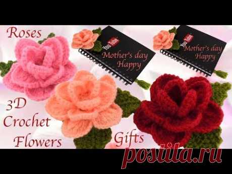 Como hacer flor rosa 3D a Crochet Como hacer regalos lindos fáciles y rápidos para el día la Madre