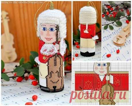 Ёлочная игрушка своими руками: вышитый батончик &quot;Виолончелист&quot;. Схема