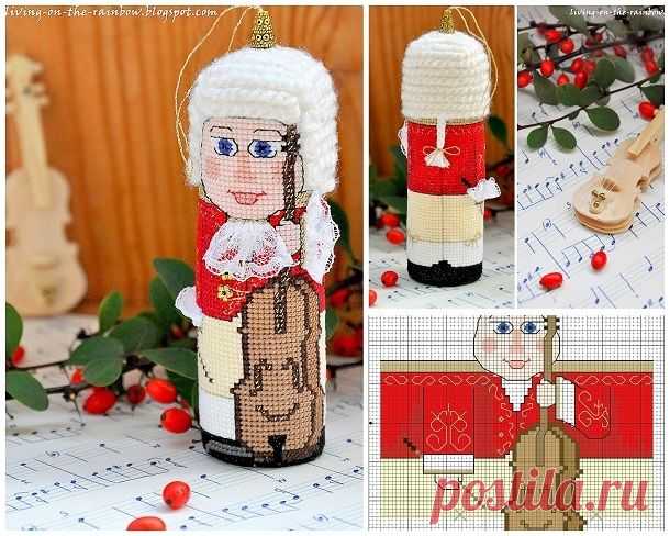 Ёлочная игрушка своими руками: вышитый батончик "Виолончелист". Схема