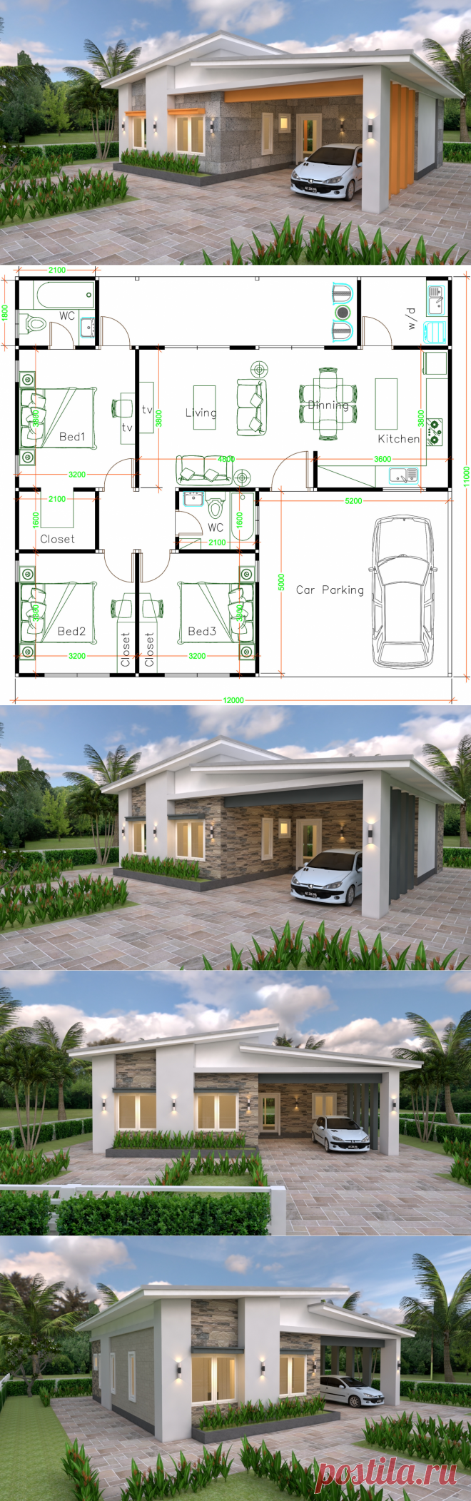 House Plans 12x11 with 3 Bedrooms Shed Roof - House Plans 3D