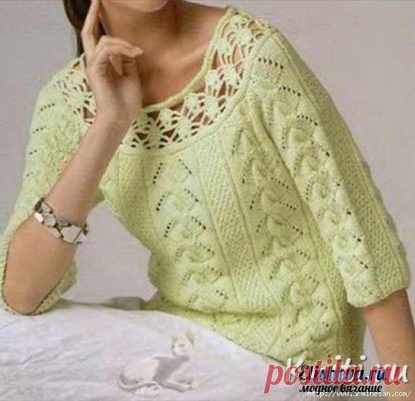 Пуловер с круглой кокеткой "menthe fille" вязаный спицами и крючком.