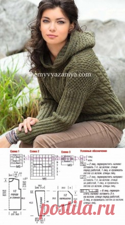 Пуловер с капюшоном сочетанием узоров