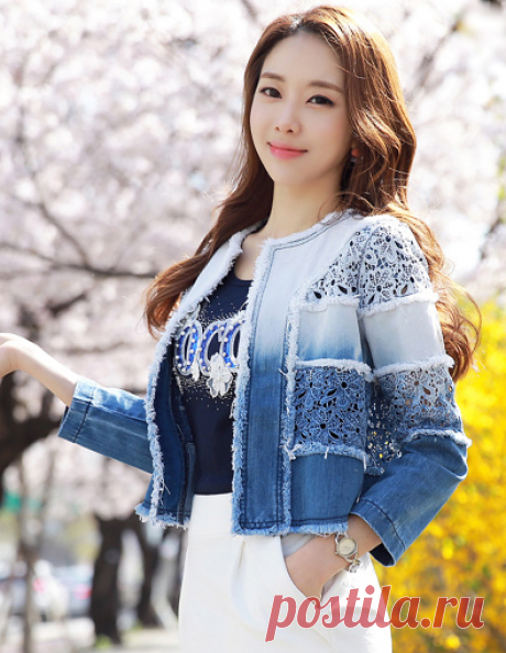 Gradient Lace Embrodiery Denim Jacket Korean Women's Fashion Shopping Mall, Styleonme. N