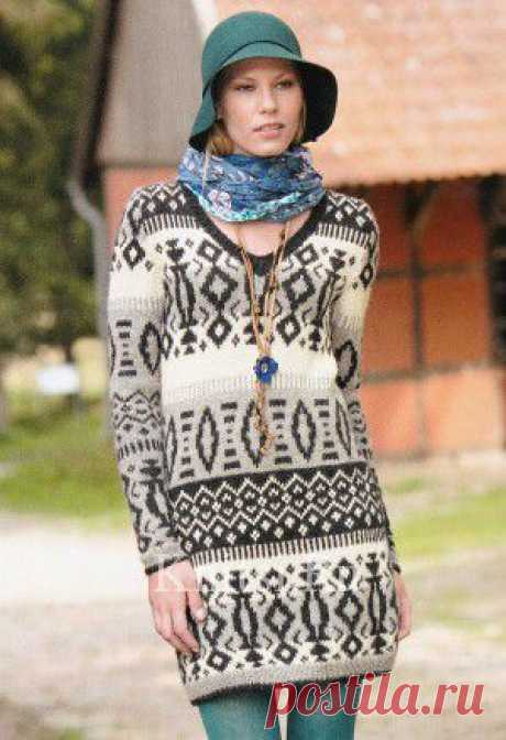 Платье с V-образным вырезом и орнаментом. Вязание для женщин / Платья / Спицами