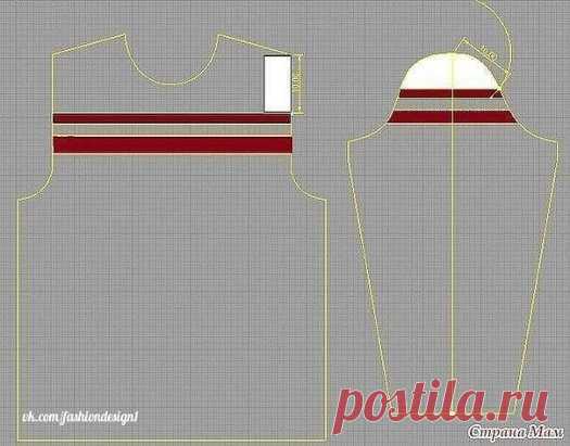 КАК РАССЧИТАТЬ СОВПАДЕНИЕ ПОЛОС ПРОЙМЫ И РУКАВА ( из Интернета )
Для того, чтобы получить совпадение полос, необходимо сделать точные расчеты. Начертите свои выкройки в любой графической программе, либо используйте линейку закройщика с масштабом 1:4 и с ее помощью сделайте чертеж на обычном листе в клеточку. На пройме переда измерьте расстояние от точки начала скоса плеча до полосы. Затем, с помо
