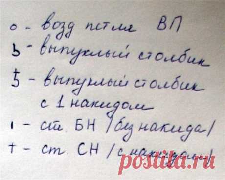 Шапочка-колокольчик 

р шапочки.48-52 

Вам понадобится: 
- пряжа «Лотос» Кировского НПК 250 м/100гр 
приблизительно 1 моток основного (лиловый, синий, белый и тп.) и немного зеленого (или его оттенки) цвета:

- крючок №2; 
-прозрачные бусины для декора. 

Сокращения 
ВП – воздушная петля 
ССН – столбик с накидом 
СБН – столбик без накида 
РС – рельефный или выпуклый стобик: РСН-с накидом, РСБН – без накида. 

Обозначения: 

Шапочка. 
В основе шапочки лежит беретик, показа...
