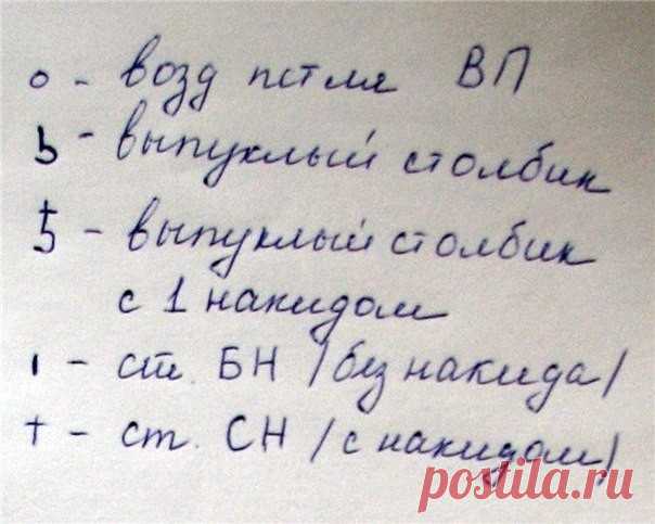 Шапочка-колокольчик 

р шапочки.48-52 

Вам понадобится: 
- пряжа «Лотос» Кировского НПК 250 м/100гр 
приблизительно 1 моток основного (лиловый, синий, белый и тп.) и немного зеленого (или его оттенки) цвета:

- крючок №2; 
-прозрачные бусины для декора. 

Сокращения 
ВП – воздушная петля 
ССН – столбик с накидом 
СБН – столбик без накида 
РС – рельефный или выпуклый стобик: РСН-с накидом, РСБН – без накида. 

Обозначения: 

Шапочка. 
В основе шапочки лежит беретик, показа...