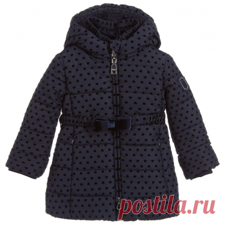 Girls Blue Hooded Puffer Coat A navy blue hooded puffer coat for younger girls by Monnalisa, made in silky soft polyester with a velvety raised heart pattern. Generously padded, it has a sparkling logo badge on one sleeve, zip-up pockets, and comes with a removable, elasticated belt with a velvet bow.
