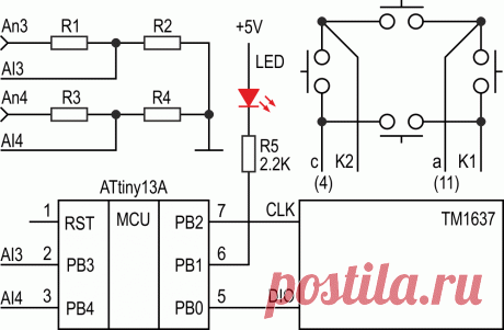 Простой цифровой вольтметр на ATtiny13 - ATtiny13.
Если опираться на выводы вышеупомянутой публикации, повышение разрешающей способности 10-разрядного АЦП до 12 бит потребует оперировать с 16-битной разрядностью. Это необременительно даже для 8-разрядного ядра.
