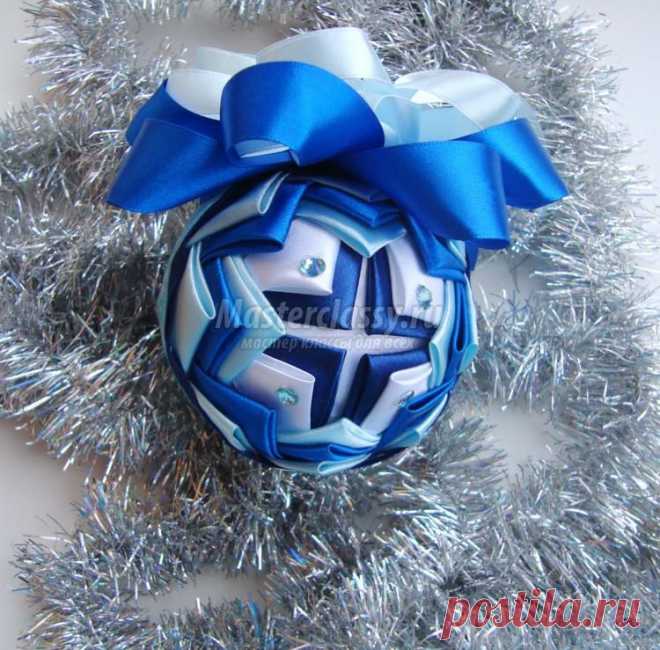 Новогодний синий шар из лент своими руками. Мастер-класс с пошаговыми фото