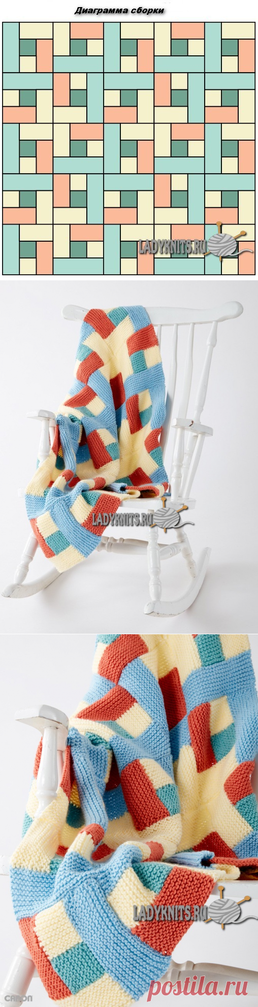 Вязаное спицами детское покрывало из цветных блоков