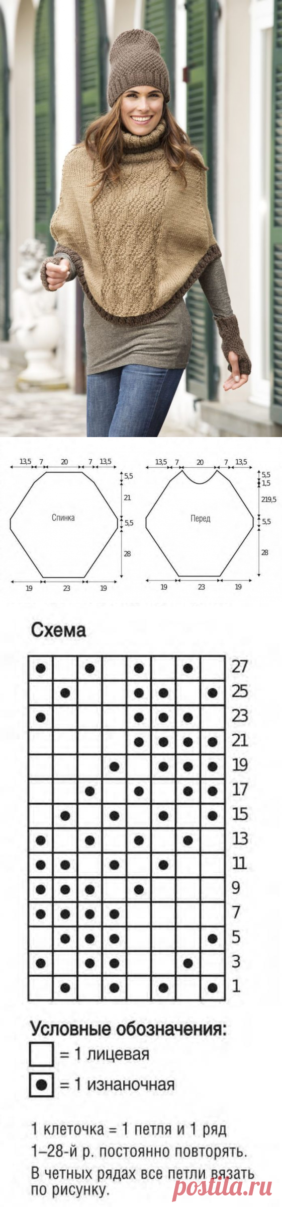 Вязаное пончо оверсайз, шапка и митенки спицами - Портал рукоделия и моды