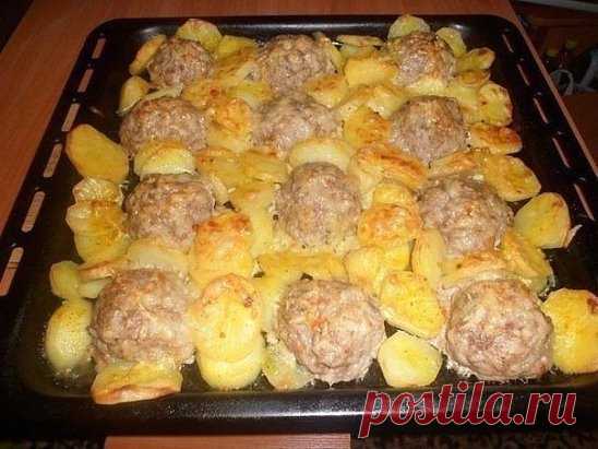 МЯСНЫЕ ЁЖИКИ С КАРТОШКОЙ ПОД СЫРОМ 
Ингредиенты: 
- картофель 
- любой мясной фарш 
- лук 
- яйцо 
- рис 
- перец 
- соль 
Приготовление: 
1.В мясной фарш добавляем лук, чеснок, яйцо, соль, перец, отварной рис и все перемешиваем. 
2.Формируем в виде шариков, выкладываем на противень, свободные места заполняем картошкой. 
3.Солим картофель по вкусу, сверху посыпаем тёртым сыром и ставим в духовку (190 °) на 30-40 минут. 
Приятного аппетита!!