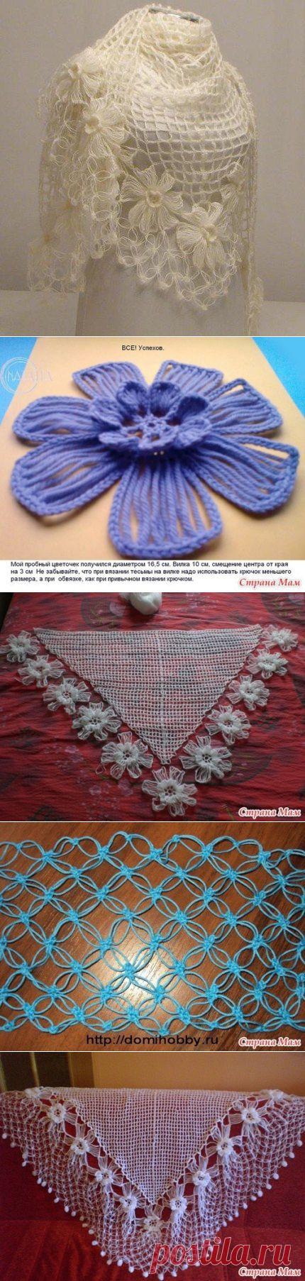 Вязание: шаль узором "Соломонов узел", окаймлённая цветами