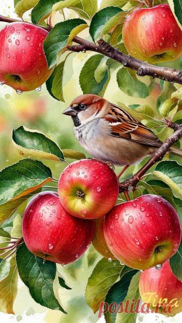 a bird sitting on top of an apple tree filled with ripe red apples and green leaves