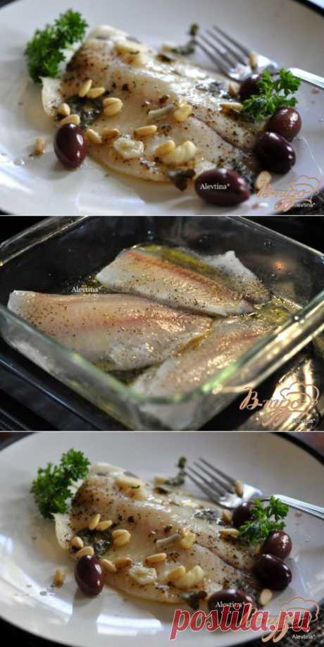 Рыба с маслинами, кедровыми орешками,базиликом и вином