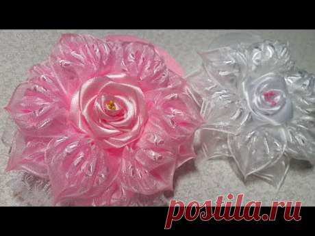 Пышный и нежный цветок из органзы. Канзаши. Kanzashi