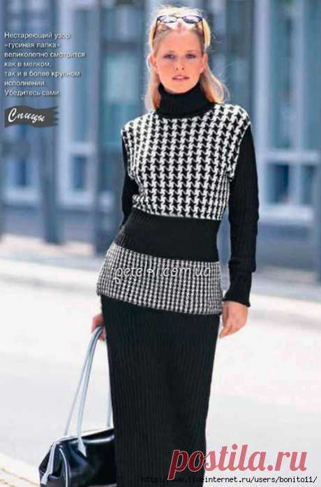 Черно-белый пуловер с жаккардовым узором. Описание, схемы вязания...