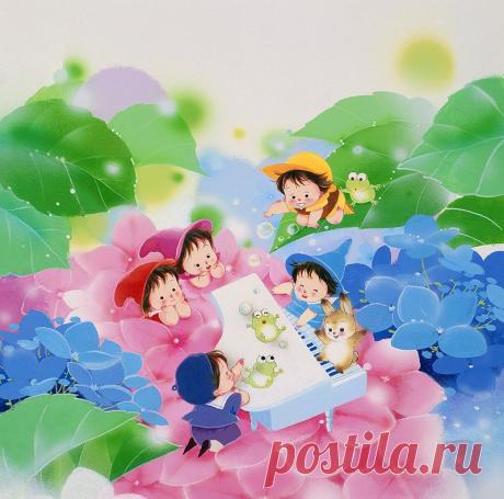 Феи игры на фортепиано на иллюстрациях животных гортензии