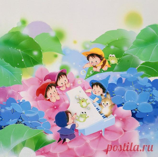 Феи игры на фортепиано на иллюстрациях животных гортензии