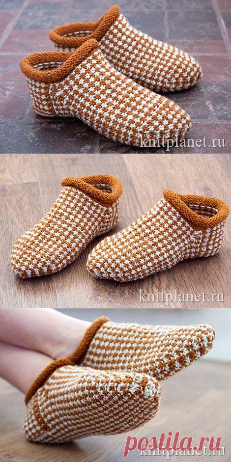 Планета Вязания | Носки-тапочки ленивым жаккардом. Мастер-класс по вязанию тапочек спицами.
