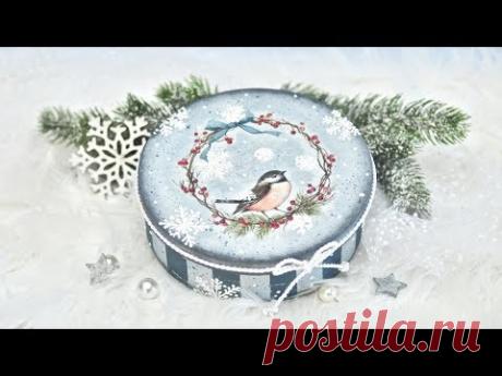 Decoupage zimowe pudełko z ptaszkiem Tutorial DIY