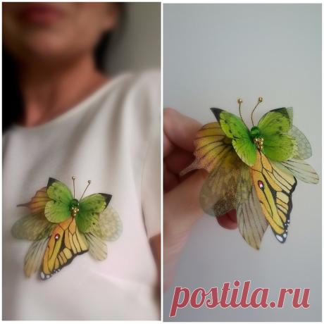 Бабочки из шелка, шифона, органзы. Брошь бабочка