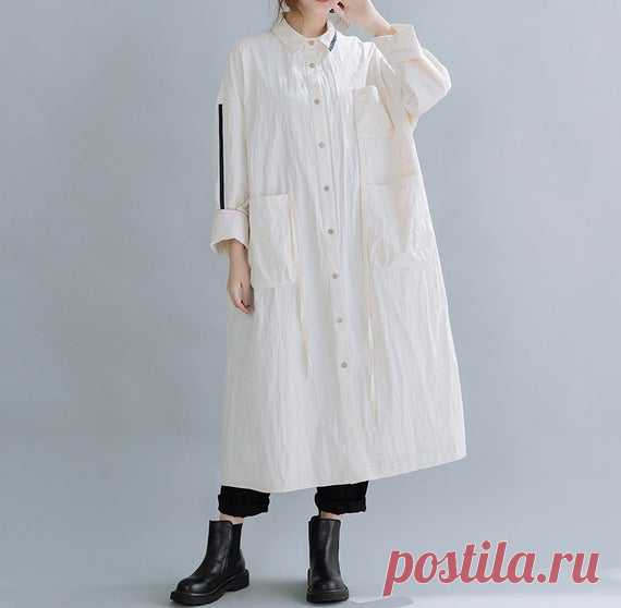 Women Cotton long shirt beige Blouses Cotton Cardigan midi | Etsy 【Fabric】  cotton 【Color】 beige 【Size】 Shoulder Width 66cm / 26   Bust 142cm / 55  Sleeve Length 45cm / 18 Waist 148cm / 57  length 110cm / 43  Hem circumference 160cm / 62   Washing & Care instructions: -Hand wash or gently machine washable do not tumble dry -Gentle wash cycle (40°C) -If you feel