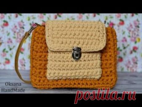 Сумка с карманом из трикотажной пряжи. Crochet bag
